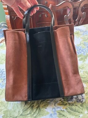 Fossil Brown Suede and Black Leather Panel Tote